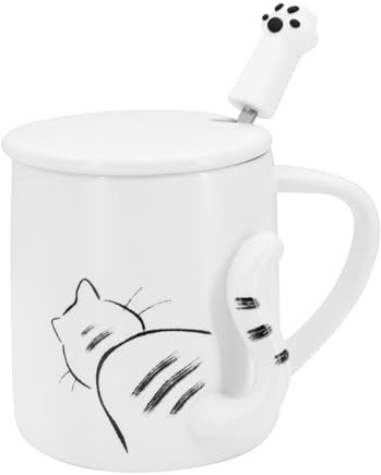 Gearific, Tazza da caffè in ceramica con coperchio e cucchiaio carino, regalo di Natale, tazza da caffè per amanti dei gatti, donne e ragazze, 3D carino coda di gatto (posteriore)