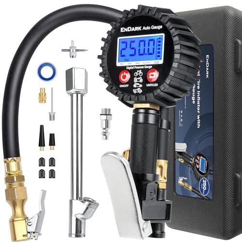 Digital Tire Pressure Gauge with Inflator: ENDARK 250 PSI Air Compressor Attachment Inflation Gun with Heavy Duty 360° Air Chuck & Extended Hose and Quick Connect Coupler with Carrying Case