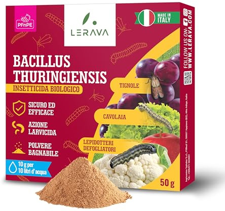 LERAVA Bacillus Thuringiensis Kurstaki (50 g) - Insetticida biologico per piante - Effetto larvicida contro bruchi, cavolaia e farfalla del geranio - Ideale per rose e orto - Made in Italy