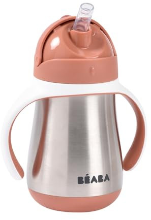 BEABA, 2 in 1 Sippy Cup - Toddler Cup - Children’s Beaker with Straw - 100% Waterproof - Easy to Open - Removable Handles - INOX - 250 ml - Terracotta