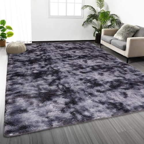 Oxford Homeware Rugs Living Room – Tie-Dye Dark Grey Area Rugs for Bedroom, Hallway Runner 80x150 cm Anti Slip – Modern Super Soft Plush Carpets Fluffy Shaggy Rug for Lounge – Non Shedding Bedside Rug