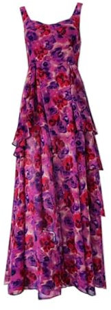 OWEIEYEU Vestido largo de verano para mujer, estampado floral, sin mangas, con volantes, vestido de fiesta casual bohemio, fucsia, S