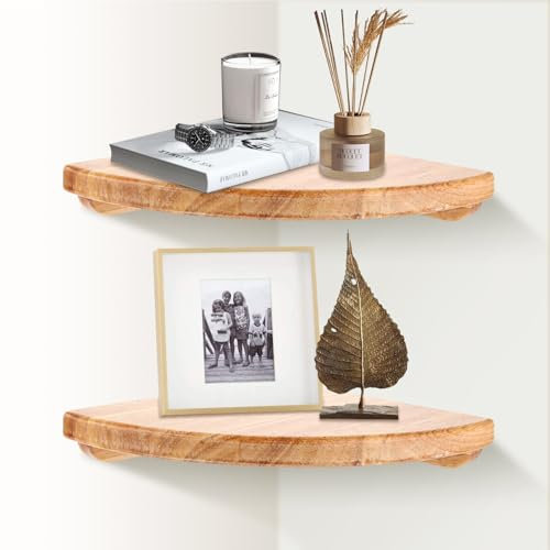 Oungy 2 Stück Kleines Eckregal Hängend 22cm Wandregal Ecke Fächerförmigen Eckregal Holz Massivholz Wandregal für Schlafzimmer Küche Inklusive Befestigungsschrauben