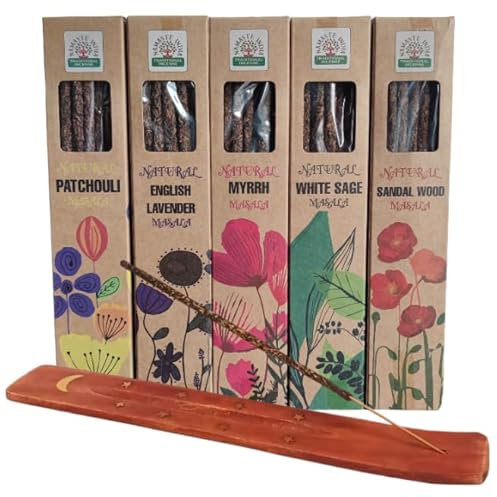 Incienso Orgánico, Incienso Natural, Varillas Hechas 100% a Mano. Pack de 5 Cajas. Sándalo - Salvia Blanca - Pachuli - Mirra, Lavanda. 30 Gramos Cada Paquete. Incluye Quemador de Regalo.