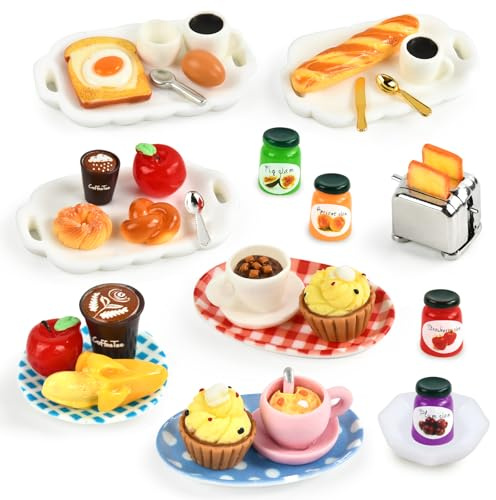 Miniatur Essen und Trinken, 1/12 Miniatur Lebensmittel Puppenhaus Zubehör, Harz Lebensmittel Spielzeug Set mit Brot Getränke Backen Kuchen Eier Kaffee Donuts, Miniatur Küche Zubehör Wichtel Zubehör