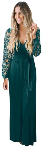 Kranda Women's Lace Long Sleeve Hunter Green Dress Fall Spring Winter Party Evening Long Dress Faux Wrap V Neck Wedding Guest Maxi Dress Medium