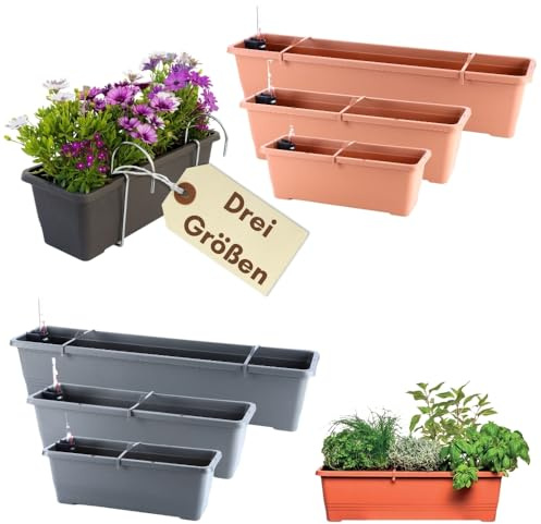 GarPet Blumenkasten Fensterbank Außen Blumenkasten Balkongeländer Balkonkasten mit Wasserspeicher Metall Halterung Pflanzkasten Outdoor Kunststoffhalterung anthrazit