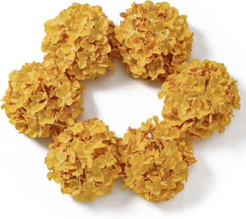 DuHouse Lot de 6 Grandes têtes de Fleurs d'hortensia artificielles en Soie avec Tige pour Mariage, Maison, Jardin, Centre de Table (Jaune Moutarde) | Gros hortensias artificiels avec tiges, bouquets de fleurs d'hortensia artificielles, mariage, maison, fête, jardin