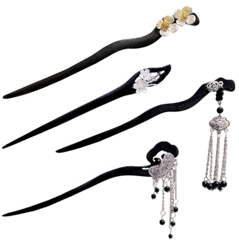 SGERUFZ 4 Stück Handgefertigte Holz Haarnadeln, Chinesische Japanische Vintage Blume Haar Sticks, Klassische Haar Essstäbchen mit Quaste, Haarnadel-Accessoires für Frauen und Mädchen