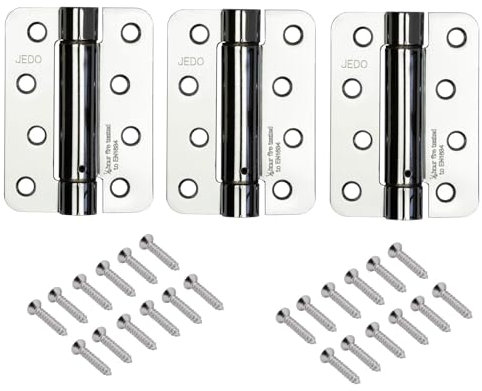 Pack of 3 Fire Rated Steel Radiused Single Action Spring Hinges, Self Closing Adjustable Spring Hinges 102x76x3mm Polished Chrome
