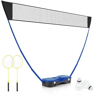 GYMAX Set di Rete da Badminton Portatile con Base di Archiviazione, Set da Badminton All-In-One con 2 Racchette da Badminton e 2 Volani per Giardino, Spiaggia, Giochi con la Palla (Blu)