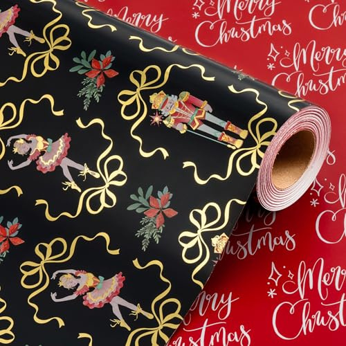 Wikadlik Wendbares Weihnachts-Geschenkpapier – Nussknacker-Dahlien-Schleifen-Design, Folie Gold und Schwarz, Geschenkpapier – 43 cm x 10 m