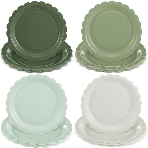 Ziliny 48 Pcs Sage Green Scalloped Party Plates 9 Inch Gradient Paper Plates Disposable Dinner Dessert Charger for Birthday Coquette Bow Wedding Baby Bridal Shower Party Supplies