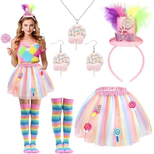 Candyland Disfraces de Mujer, Diadema de Sombrero de Copa, Collar de Piruleta, Pendientes, Tutú de Arcoíris Dulce, Medias Accesorios de Cosplay con Temática de Caramelos para Halloween Navidad