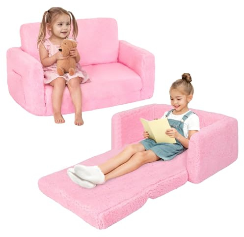 BUERPINKING Sofá infantil plegable 2 en 1, extra ancho para niños a partir de 1 año, sofá infantil con cubierta extraíble, sofá suave para niños y niñas, color rosa