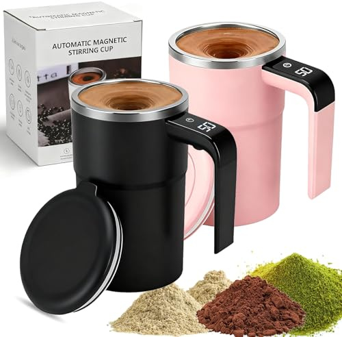 380ml Selbstrührende Tasse - Selbstrührende Magnetische Kaffeetasse mit Temperaturanzeige, wiederaufladbarer Self Stirring Mug, Intelligente Becher mit Deckel, für Milch und andere (Schwarz, Rosa)