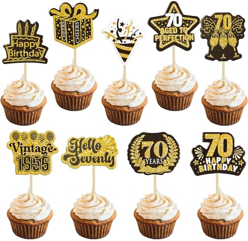 Ephlyn 40Pcs Happy 70th Birthday Cupcake Toppers Double Sided Seventy Hello 70 Straight Outta 1956 Cupcake Picks Vintage 1956 Cheers to 70 Years Cake Decorations for 70th Birthday Party Supplies