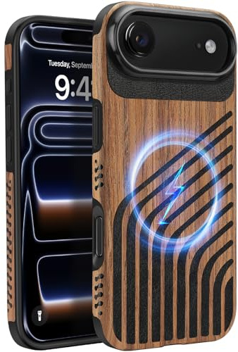 ZZDZZ Coque Magnétique pour iPhone 17 Air [Compatible avec MagSafe] Étui en Bois et Cuir Protection Antichoc Housse pour iPhone 17 Air - Bois Cuir