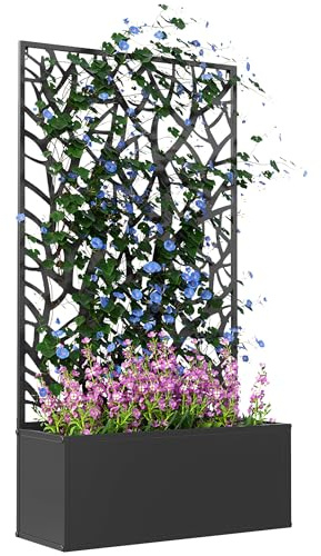 Outsunny Jardinière avec Treillis à Motif Arbres, bac à Fleurs, lit surélevé, pour Plantes grimpantes, légumes, Fleurs, en métal, intérieur et extérieur, Cour, Jardin, Balcon, 61 x 23 x 113 cm, Noir