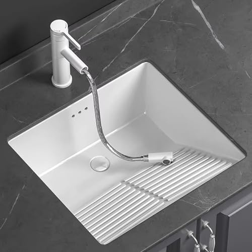Lavatoio in Ceramica Lavanderia con Asse per Lavare, Lavandino Bagno, Lavabo Bagno, Include Rubinetto Estraibile e Kit di Scarico, Ideale per Bagni, Lavanderie e Balconi(50x46cm/19.7x18in)