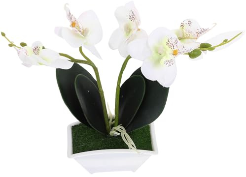 BESPORTBLE Mini orquídea artificial de mesa en maceta blanca, orquídea falsa Phalaenopsis para decoración del hogar y el baño, arreglo floral sintético de primavera para interiores y exhibición de