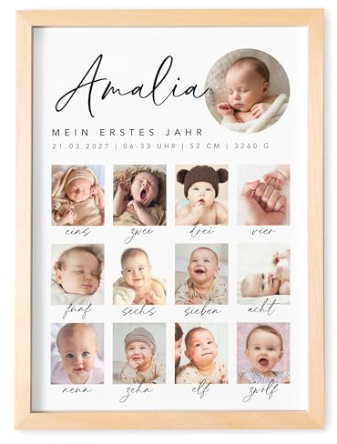 Mein erstes Jahr Bild personalisiert für 12 Monatsfotos zum 1. Geburtstag | Personalisiert, mit euren Fotos, Meilenstein & Erinnerung, Geschenk zum 1. Geburtstag, für Mädchen & Jungen
