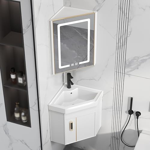 GSATREY Väggmonterat hörnhandfat med kran, handgjort keramiskt handfat, med handfat och spegel, enkel design, lätt att installera och rengöra, för badrum omklädningsrum toalett (vit, 42 cm/16,5 tum)