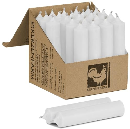 Kurze Stabkerzen 10 Stück, 100 x 22 mm durchgehend gefärbt - Spitzkerzen aus Deutschland - Kerzenfarm Hahn - Unparfümierte und RAL-Zertifizierte Tafelkerzen (10, Weiß)