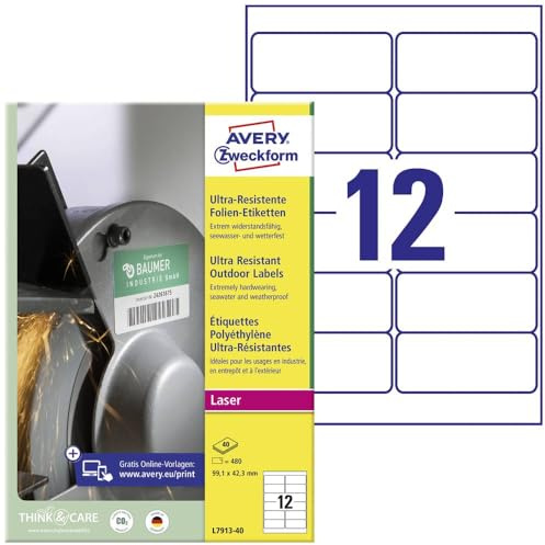 AVERY Zweckform L7913-40 Strapazierfähige Folienetiketten (480 Aufkleber, 99,1x42,3mm auf A4, extrem stark selbstklebend, für schwierige Oberflächen, bedruckbare Outdoor Klebefolie) 40 Blatt, weiß