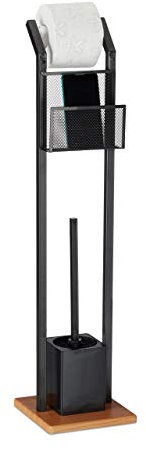 Relaxdays, schwarz Garnitur mit Ablage, Papierhalter, WC-Bürste, Bürstenhalter, quadratischer Fuß, Holzoptik, H 78 cm, WC-Garnitur