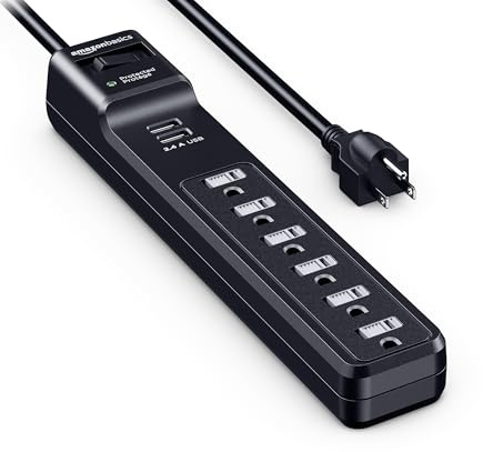 Amazon Basics Surge Protector Power Strip with 6 Outlets, 2 USB Ports, 1000 Joule, 6-Foot Cord Length, Black
