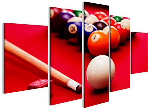 bilderfelix® Billards Pool Spiel. Cue Ball, Cue, Farbkugeln im Dreieck, Kreide. Roter Tuch Ti Wandbild Leinwandbild Poster DDN