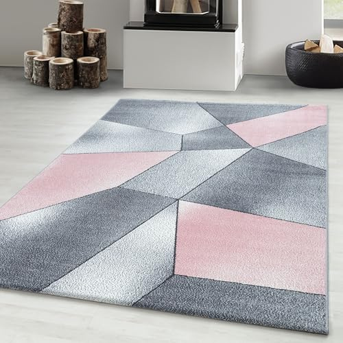 Carpetsale24 Designer Teppich Modern Abstrakt Gemustert – Grau und Pink – Wohnzimmerteppich für modernen Stil und Komfort, Größe 200x290 cm – Pflegeleicht, Weicher Flor, Ideal für Wohnzimmer