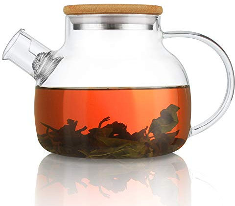 CnGlass Glass Teapot Stovetop Safe with Bamboo Lid,900ml/30.4oz Clear Teapots with Removable Infuser,Glass Tea Kettle for Loose Leaf and Blooming Tea
