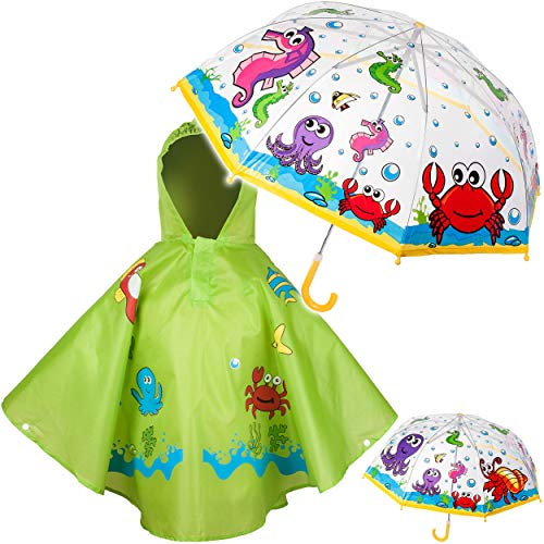 alles-meine.de GmbH 2 TLG. Set: Regenschirm + Regenponcho - Zootiere/Dschungel Tiere & Fische - Kinderschirm - Ø 75 cm - durchsichtig & durchscheinend - transparent - Regencape..