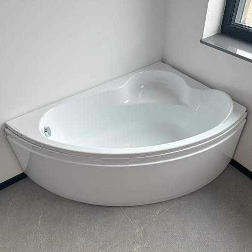 ECOLAM® Badewanne Eckbadewanne Acryl Ada weiß 140x90 cm RECHTS + Schürze Ablaufgarnitur Ab- und Überlauf Automatik Füße Silikon Komplett-Set