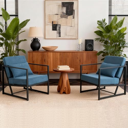 Mingone Sessel Wohnzimmer 2er Set, Gepolsterter Cocktailsessel, Blau | Polstersessel Stuhl Relaxsessel aus Leinen Loungesessel mit Handläufen Eisengestell für Wohnzimmer und Schlafzimmer