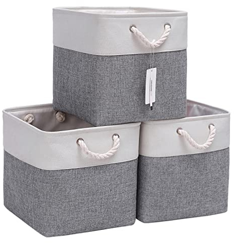 CREADARD Fabric Cube Storage Box Set of 3, 13x13x13 inch Foldable Linen Cube Storage Basket for Nursery and Home, Collapsible Canvas Shelf Basket for Wardrobe or Bedroom, Greywhite