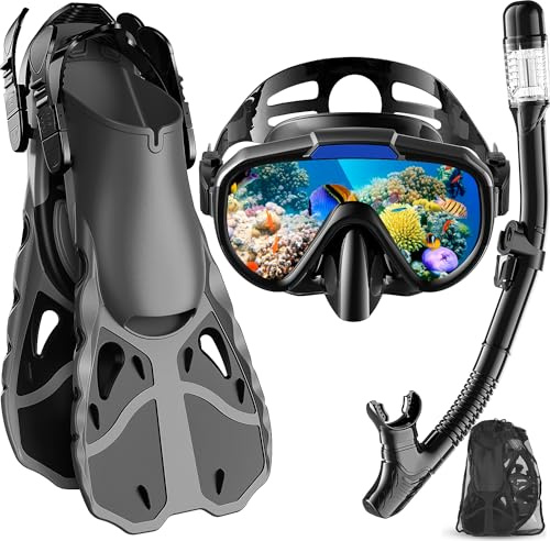 Vengreedo Snorkel Set with Fins for Adults, Snorkeling Gear for Adults Men and Women, Snorkle, Mask Set Adults Dry Top Snorkel Mask Combo Set with Travel Bag for Snorkeling, Diving, Swimming