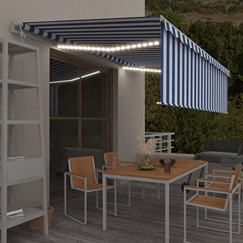 Gecheer Automatische Markise mit Volant, LED & Windsensor Gelenkarmmarkise Balkonmarkise Sonnenmarkise Sonnenschutz 5x3m Blau & Weiß