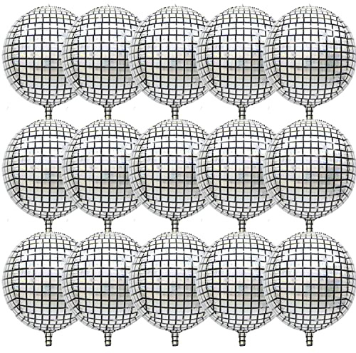15 Stück 22 Zoll 4D Discokugel Luftballons Große Laser Folienballon Metallic Spiegelballon für Metallic Silber Disco Mylar Folienballons für Disco Thema Geburtstag Party Dekoration und Zubehör