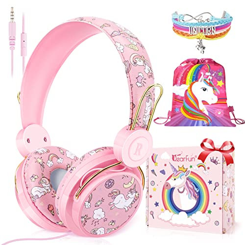 JYPS Casque Audio Enfant, Licorne/Dinosaures Casque Filaire pour Enfants avec Micro pour Filles/Garçon de 3 à 10 Ans, Musique Ecouteurs pour iPad/Tablet l'école-Cadeau Licorne pour Filles (Rose)