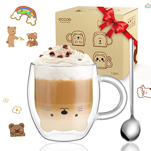 ecooe Tazze con orsetto carino Borosilicato a Doppia Parete 290ml Trasparente con manico Tazza Latte Tazzine da caffè in vetro isolante a doppia parete Regalo di vetro Compleanno San Valentino