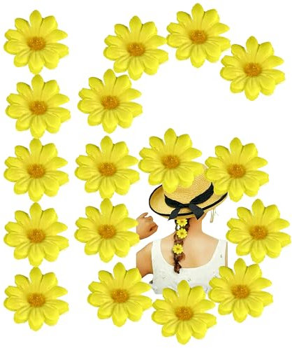 HOVUK 16x- Yellow Easter Daisy Flowers Artificial, 4.7cm Spring Day Fabric Dasies, Cute Craft Supplies Fake Flowers for Bonnet, Wreath, Home and Party Decorations