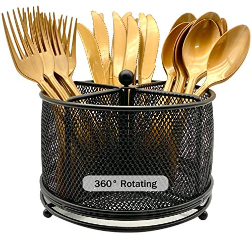 DysanVica 360° Rotating Metal Utensil Caddy - 4 Compartment Silverware Cutlery Holder Rotation Fork Spoon Napkin Organizer Flatware Storage Basket Party Countertop Buffet Picnic Camping Outdoor Black