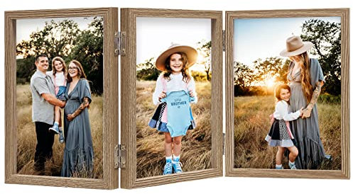 AVEAX Bilderrahmen 10x15 cm, Holzmaserung, Dreifach-Bilderrahmen Collage 10x15 cm aus Holz mit Glasfront, Fotorahmen klappbarer Standfuß für vertikale Aufstellung auf dem Schreibtisch
