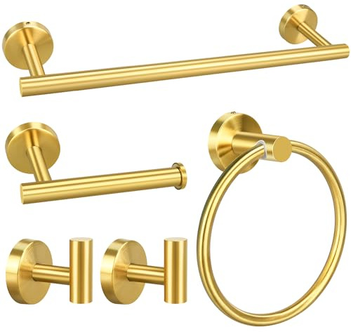 Set di 5 accessori da bagno in oro spazzolato, inclusi barre porta asciugamani da 40,6 cm, porta carta igienica, anelli per asciugamani, ganci per accappatoio