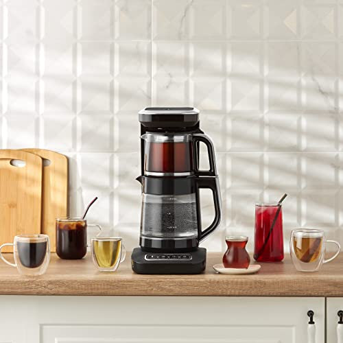 Karaca Caysever Robotea Pro 4-en-1 Théière en Verre, Theiere avec Infuseur, Bouilloire Electrique Temperature Reglable & Cafetière Filtre, Automatique Parlante Machine a The, Chrome Noir