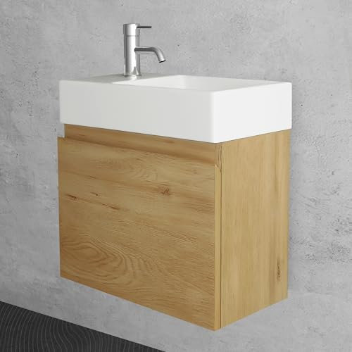Alpenberger Gäste WC Waschbecken mit Unterschrank 45 cm Breit | Waschtisch Set Klein | Aufsatzwaschbecken Waschtischunterschrank Hängend | Bademöbel-Set | Waschbeckenunterschrank Eiche Natur