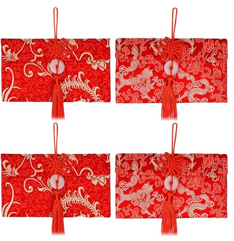 4stk Satinierte Chinesische Rote Umschläge, Exquisite Neujahrs-Glücksgeldumschläge mit Chinesischem Knoten und Jade-Anhänger Mondfrühlingsfest Hong Bao Rote Hochzeitstasche